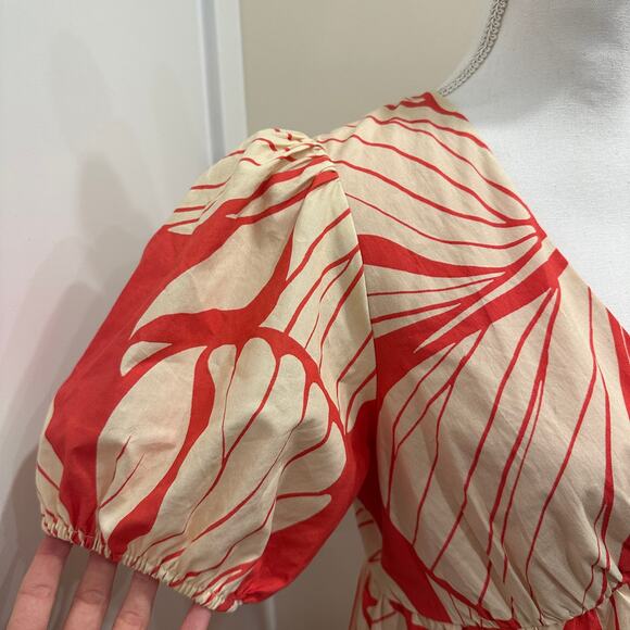 Hutch Coral Plumeria Print Puff Sleeve Tiered V-Neck Mini Dress Preppy Coastal - Picture 7 of 13